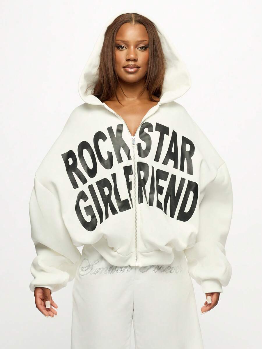 SUMWON WOMEN 摇滚明星女友款超大拉链连帽衫 Y2K 时尚街头潮流个性印花短款节日演唱会春秋季 - 白色 - 查看 1