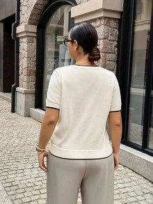 Dripcurv Plus Size Women Boho Casual Minimalist Color Block Knitted Top, Spring New Arrival, For Summer - Beige - View 2