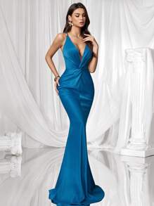 Coutiva Vestido de noche formal para mujer (muy adornado) - Agua verde azul - Ver 3