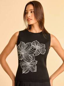 CAJUNI 女式波西米亚风热带白色花卉印花，黑色无袖针织轻便休闲度假背心 - 彩色 - 查看 4