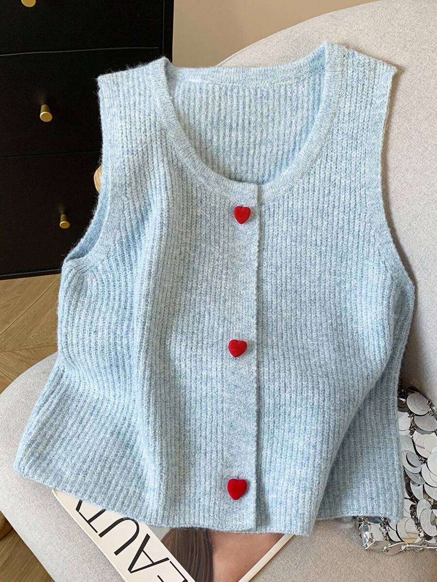 SHEIN كنزة صوفية صدرية للنساء مريحة للاستخدام اليومي، بأزرار شكل قلب منسوجة - أزرق فاتح اللون - مشاهدة 1