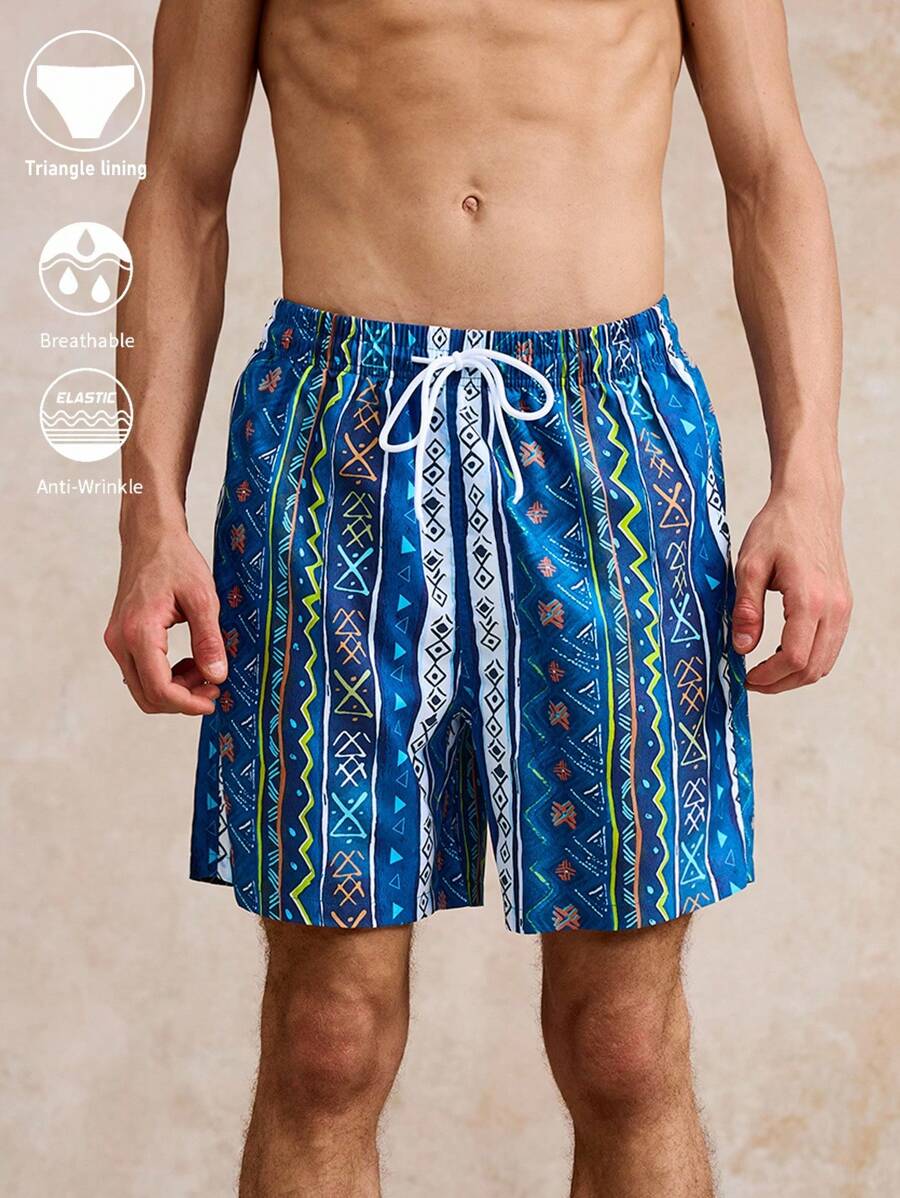 Surfspeed Men's Elastic Waist Drawstring Loose Casual Summer Beach Pants (Printed Asymmetrical Pattern) - Blue - View 1