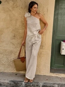 , Conjunto de 2 Piezas para Mujer, Top de Color Sólido con Cuello Asimétrico y Pantalones de Pierna Ancha, Estilo Vacacional - Caqui - Ver 6