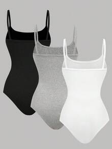 SHEIN Girlism 青少年女孩三件套休闲修身细肩带女童连体裤，非常适合夏季穿着 - 灰色 - 查看 2