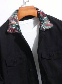 Manfinity Homme 男士几何图案拼接长袖单排扣休闲牛仔夹克 - 黑色 - 查看 3