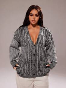 Rustia Casual V-Neck Single-Breasted Drop Shoulder Loose Knit Cardigan Jacket With Pockets, Street Style, Autumn/Winter Fall Cloth For Women - Grey - View 3