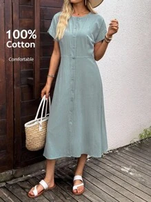 EMERY ROSE Vestido largo casual de mujer de un solo pecho de manga corta y cuello redondo de unicolor para otoño, ropa de mujer de otoño, vestidos de otoño para mujer, atuendos de otoño para mujer, ropa de otoño e invierno para mujer, atuendos de otoño para maestras, blusas para salir de mujer, ropa casual de negocios para mujer, atuendos casuales de negocios para mujer, atuendos casuales de negocios para mujer, atuendos de campo para mujer, ropa básica de dinero antiguo para maestras, blusas para salir de mujer, ropa de otoño para mujer de vuelta a la escuela - Verde Oscuro - Ver 1