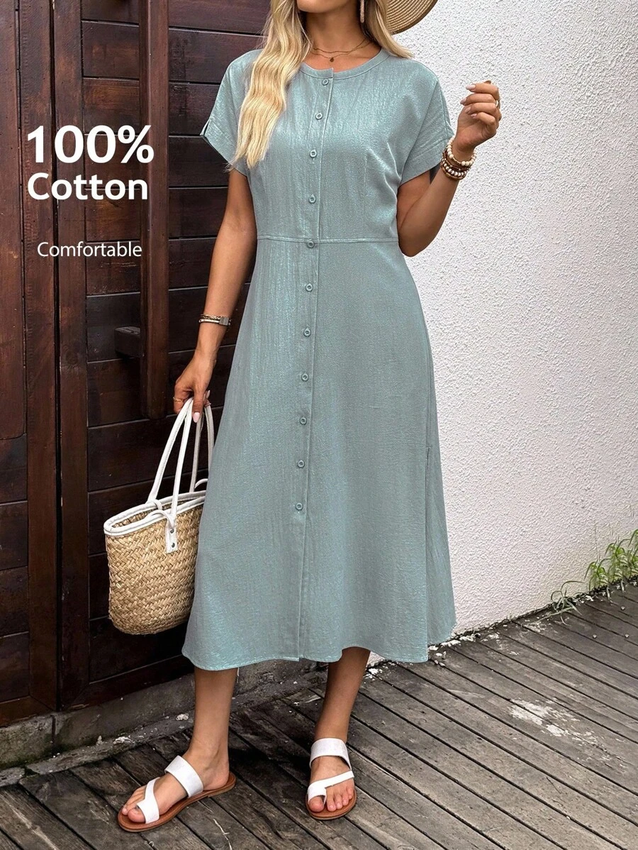 EMERY ROSE Vestido largo casual de mujer de un solo pecho de manga corta y cuello redondo de unicolor para otoño, ropa de mujer de otoño, vestidos de otoño para mujer, atuendos de otoño para mujer, ropa de otoño e invierno para mujer, atuendos de otoño para maestras, blusas para salir de mujer, ropa casual de negocios para mujer, atuendos casuales de negocios para mujer, atuendos casuales de negocios para mujer, atuendos de campo para mujer, ropa básica de dinero antiguo para maestras, blusas para salir de mujer, ropa de otoño para mujer de vuelta a la escuela - Verde Oscuro - Ver 1