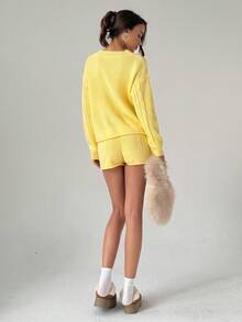 Aloruh Women's Twist Cable Pattern Drop Shoulder Long Sleeve Sweater And Knit Shorts Casual 2 Pieces Set In Fall/Winter - Yellow - View 4
