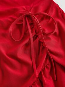 SHEIN MOD Puff Sleeve Bowknot Drawstring Red Split Hem Dress, Red Ruffle Dress, Red Dresses For Women,Fall Dress - Red - View 3