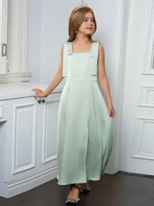 Hapijoa Tween Girls' Solid Color Minimalist Casual Camisole Dress, Fashionable & Elegant - Green - View 4