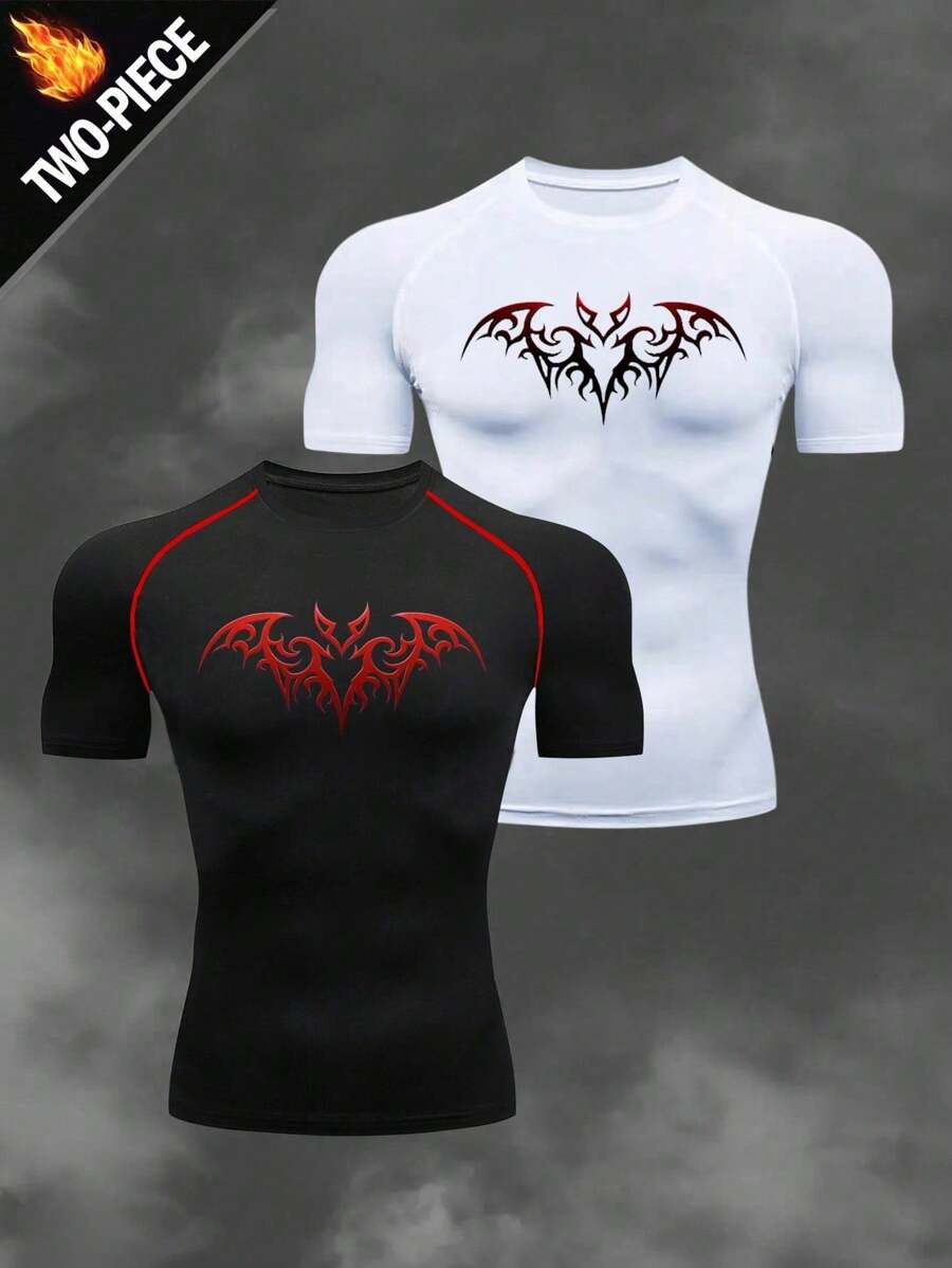 Manfinity Sport Corelite Áo thun thể thao nam ngắn tay in hình dơi, dáng ôm, chất liệu nén, thích hợp mặc trong nhà. - màu đen - Xem 1