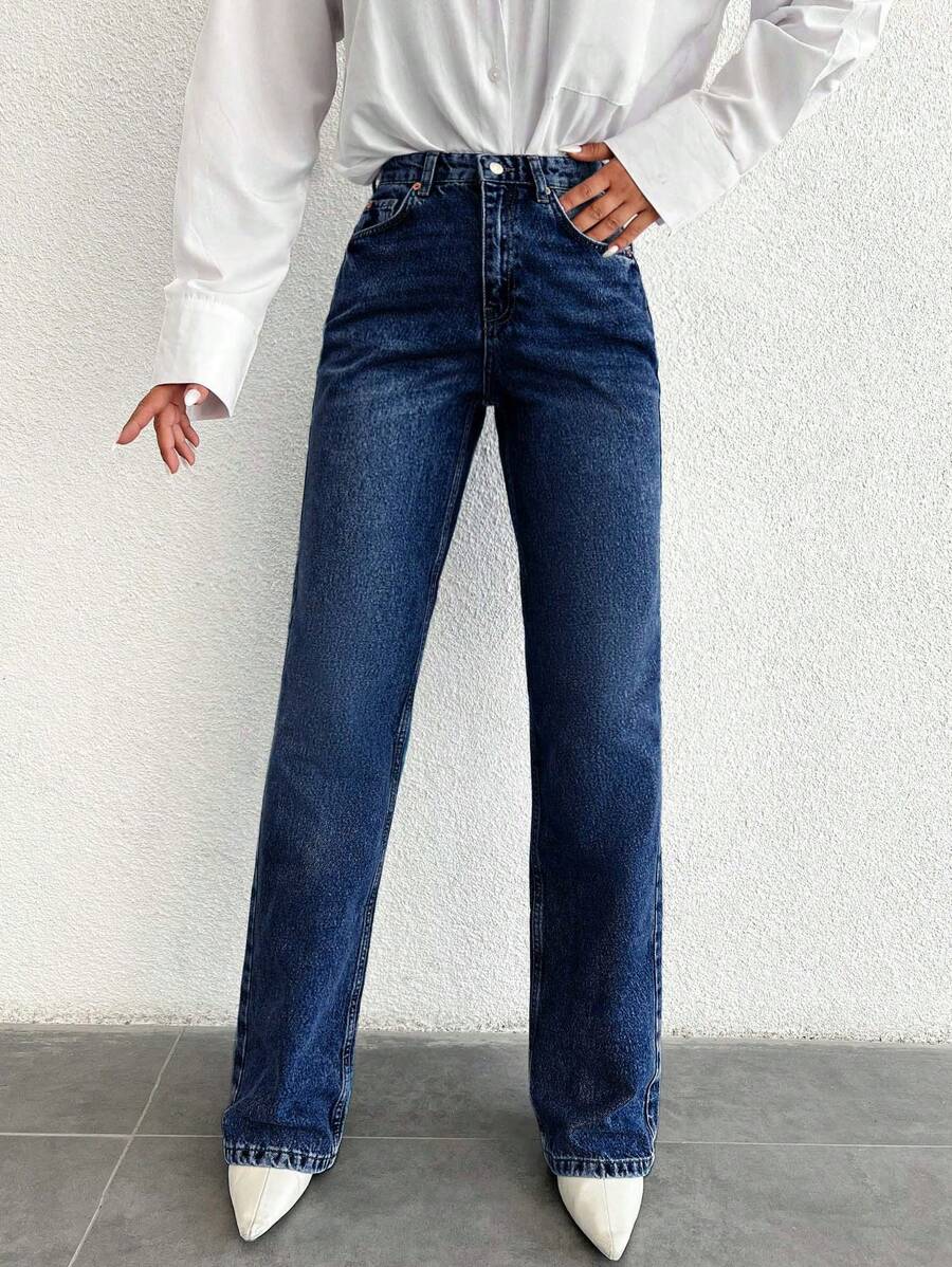 SHEIN Tall Jeans rectos de algodón 100% con cremallera, para personas de estatura alta - Azul lavado oscuro - Ver 1