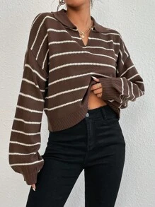 SHEIN PETITE Pull-over à col polo rayé bicolore pour femmes, tricot, automne-hiver - Marron - Voir 5
