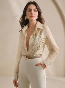 Anewsta Women's Elegant Embroidered Sheer Long Sleeve Blouse - Khaki - View 3