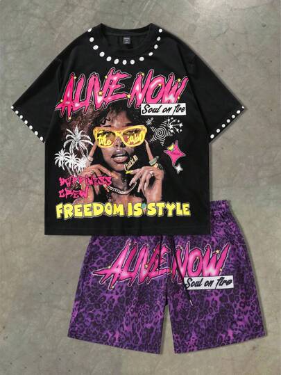 Street Life Pantaloncini corti stile da strada, stampa leopardata viola abbinati a una maglietta nera con motivo a diamanti, che esprime uno spirito libero. Anche un regalo ideale per il fidanzato.