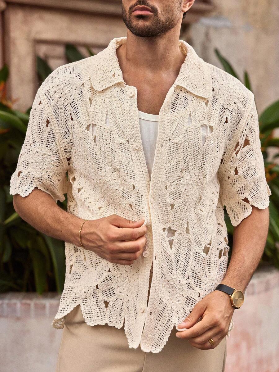Manfinity VCAY 男士休闲纯色镂空针织开衫男士钩针蕾丝衬衫奶油色蕾丝男士衬衫白色蕾丝男士衬衫男士蕾丝衬衫男士钩针衬衫，适合秋冬 - 彩色 - 查看 1