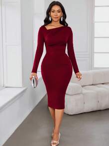 SHEIN Lady 女士优雅纯色修身中长连衣裙 - 酒紅色 - 查看 7