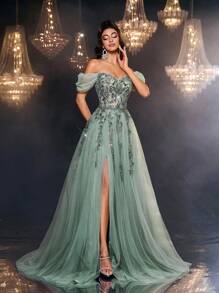 Glamrae 优雅奢华 3D 刺绣蕾丝露肩性感高开衩拖尾长裙，适合婚礼、活动、派对、度假、庆典、正式场合（重刺绣） - 灰藍色 - 查看 7