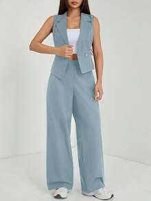 SHEIN PETITE 两件套秋季服装 2 件套女士纯色无袖上衣和裤子秋季衣服 - 霧霾藍 - 查看 7