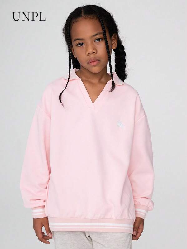 1pc Girls' V-Neck Long Sleeve Casual Sweatshirt, Suitable For School, Street, And Daily Casual Wear