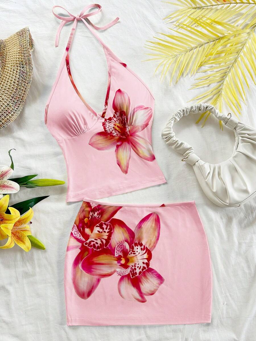 SHEIN x Eduarda Gutierrez Soleia Bộ 2 món áo yếm họa tiết hoa và chân váy mini dành cho nữ, thích hợp đi biển/nghỉ dưỡng - Nhiều màu - Xem 1