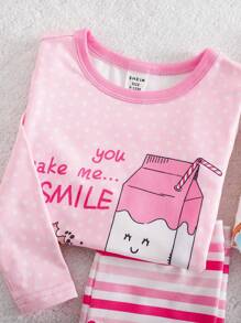 4pcs Baby Girl Cartoon Milk, Cookie, Striped Pattern Soft Comfortable Skin-Friendly Long Sleeve Top And Pants Snug Fit Pajama Set Graphic Fall Winter - Multicolor - View 5
