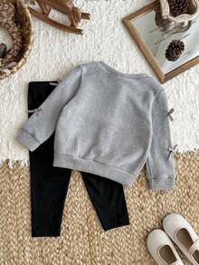 SHEIN Baby Girl Infant Toddler Newborn 0-3 Years Old Autumn/Winter Fashion Knitted Fuzzy Ribbed Bow Cardigan Jacket + Leggings Pants 2-Piece Outfit Set Fall