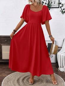 Breezaya 女式红色波西米亚风方形优雅领口浪漫毕业生日礼服音乐会服装海滩女士服装泡泡袖露背连衣裙带蝴蝶结春夏超长度假长裙 - 紅色 - 查看 5