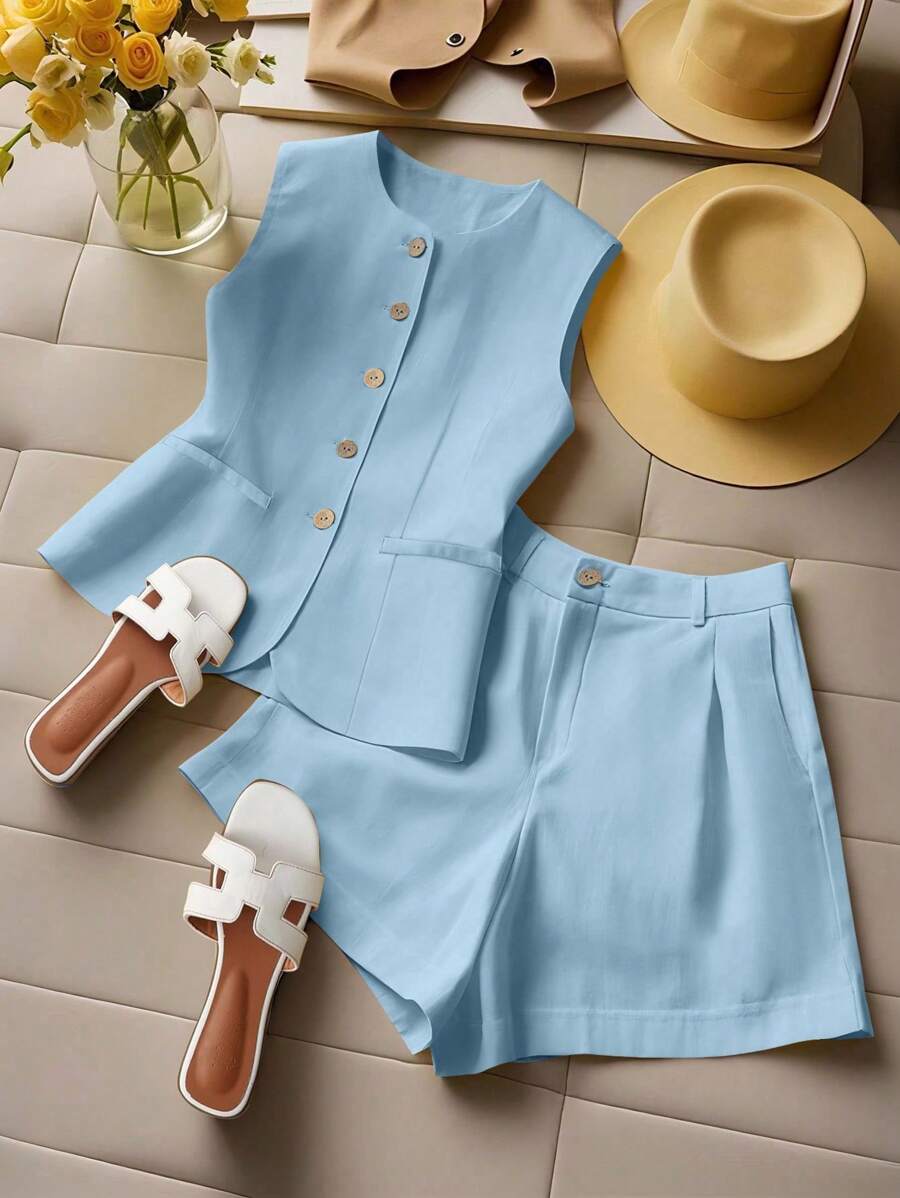 Franclia Women's Sleeveless Cardigan Comfortable Vacation 2 Pieces Set Clothes For University - Blue - View 1