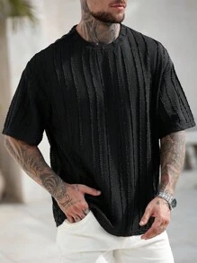 Manfinity RSRT 男士针织纹理提花圆领短袖休闲T恤 - 黑色 - 查看 4