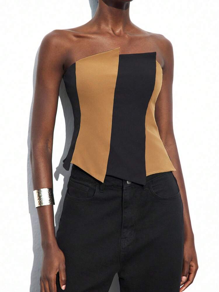 SHEIN Maija Regata Assimétrica Bicolor Feminina, Casual Urbano para Escritório, Traje de Negócios, Outono/Inverno