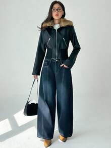 Aloruh Chaqueta de mujer con cuello de piel sintética, manga larga, cintura ceñida y parches de PU en estilo Y2K Baddie, para otoño/invierno - Negro - Ver 6