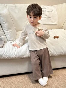 DAZY 2pcs Toddler Boys' Graphic Letter Print Long Sleeve T-Shirt And Casual Shorts Pajama Set - Apricot - View 1