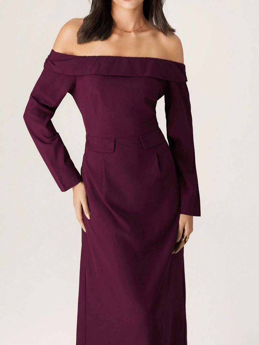 Modelyn Women's Burgundy Elegant Off Shoulder Long Sleeve Ruffle Mid-Length Dress,Autumn Dining Party Wear,Solid Color Knitted Strappy Shirt Dresses For Mom - Brown - View 1