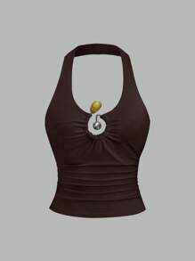 Sweetra 复古性感吊带金属扣装饰上衣，夏季 - 棕色 - 查看 1