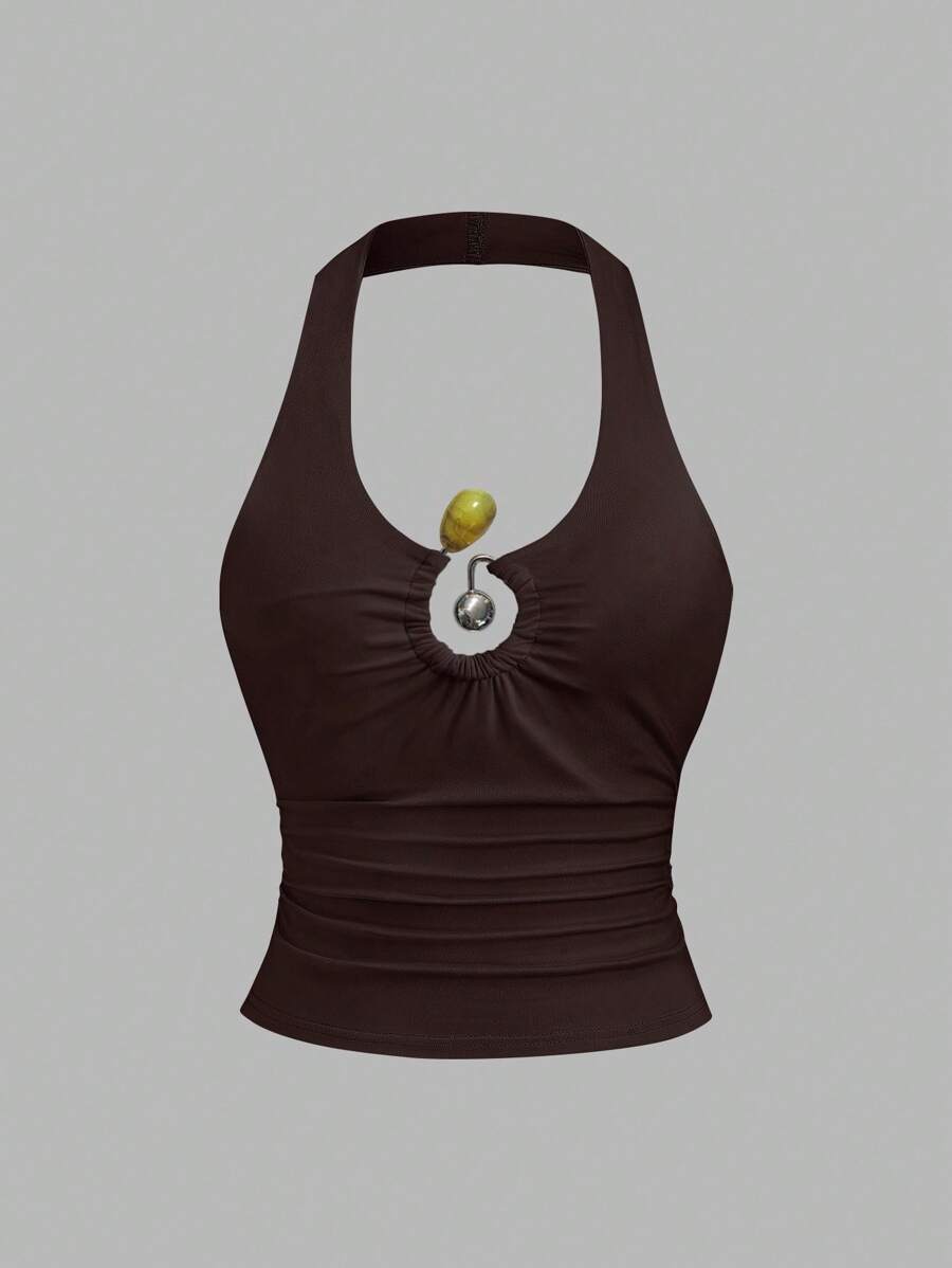 Sweetra 复古性感吊带金属扣装饰上衣，夏季 - 棕色 - 查看 1