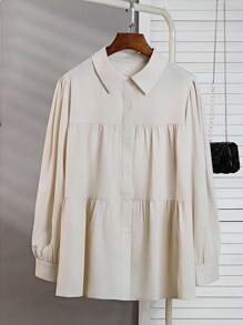 INAWLY 时尚夏季女式泡泡袖单排扣衬衫 - 杏色 - 查看 5