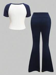 SHEIN Girlism Tween-Mädchen Lässiges Schul-Street-Chic-Outfit mit Pentagramm-Herz-Print, Farbblock, Raglanärmeln, kurzärmligem T-Shirt-Oberteil mit Handytasche und enganliegender Strickhose mit ausgestelltem Bein, Marineblau