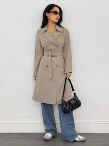 SHEIN PETITE Khaki Retro Long-Sleeved Waist Women's Trench Coat,Winter Women,Winter Women Coat,New Year Eve,Women Jackets, Women,Long Women Jackets,Winter Women Jacket,Elegant Jackets,Business Women Trench Coat Women Women Trench Coats Long Trench Coat Double Breasted Trench Coat Belted Trench Coat Women Trench Coat Long Coat Long Jacket Women Women Outerwear - Khaki - View 6