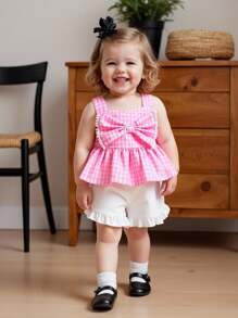 SHEIN Vintaside Kids Baby Girl Plaid Printed Top With Bow Decoration And Shorts - Multicolor - View 3