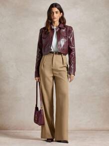 Briarwyn Áo khoác thời trang nữ tay dài bằng da PU màu trơn, cài nút đơn, quần áo mùa thu cho nữ, trở lại trường, áo khoác mùa đông phong cách cổ điển cho nữ, quần áo cổ điển cho nữ, trang phục dạo phố cho nữ - Màu Đỏ Sâu - Xem 5