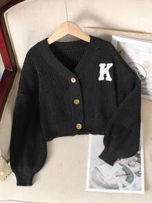 Tween Girl Black And White Letter Embroidered Knit Cardigan,Autumn Casual Holiday Back-To-School Kids Cropped Button Sweater,Loose Minimalist Jacket - Black - View 1