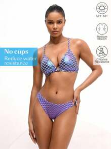 Swim Nautrix 2 件性感露背吊带交叉系带三角比基尼上衣和低腰内裤套装，夏季