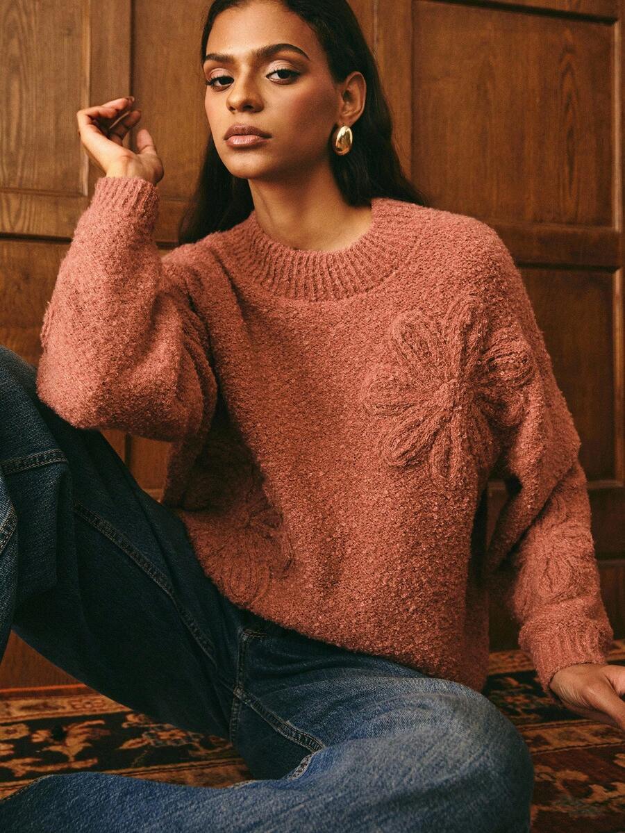 Poéselle Women's Floral Jacquard Loose Fit Dropped Shoulder Long Sleeve Casual Sweater In Fall/Winter - Orange - View 1