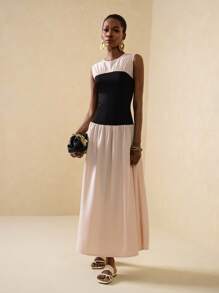 Vesra Đầm không tay cổ tròn màu tương phản đơn giản dành cho nữ, phong cách đi làm - Màu be - Xem 6