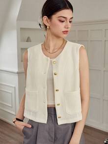 DAZY Women's Casual Sleeveless Solid Color Round Neck Fitted Jacket, Autumn Vest - Beige - View 4