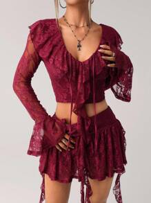 SHEIN ICON Y2k Fall Women's Western Burgundy Ruffled Flare Sleeve Sheer Lace 2 Pieces Set - Burgundy - View 4