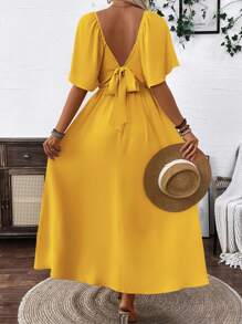 Chiquease Clasi Breezaya 女式奶油黄波西米亚风方形优雅领口浪漫毕业生日礼服音乐会服装海滩女士服装泡泡袖露背蝴蝶结连衣裙带蝴蝶结春夏超长度假柔软面料荷叶边袖长裙 - 黃色 - 查看 2