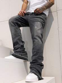 Manfinity EMRG Stylish Men's Grey Zippered Denim Jeans: Modern Casual Long Fit With Distressed Ankle Zips For A Look Going Out Hang Out Vacation Street Urban, Emo Style - Grey - View 4